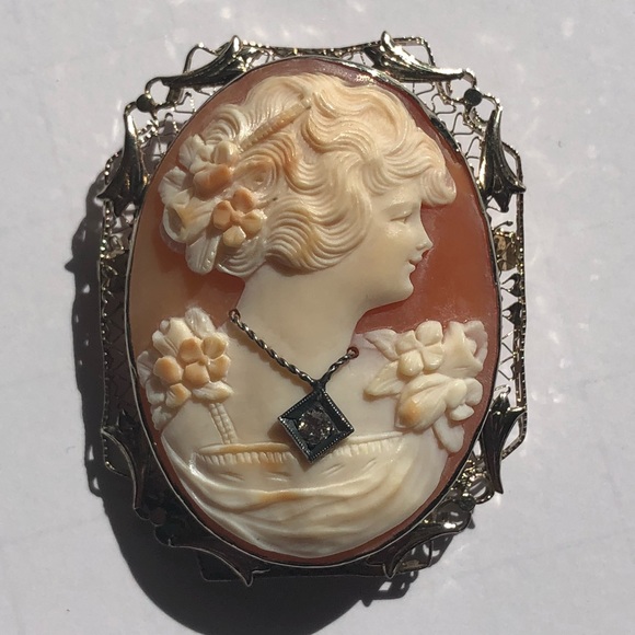 HPπππΎβ₯οΈππΌ14K White Gold Cameo Diamond Brooch/ Pendant - Picture 7 of 7